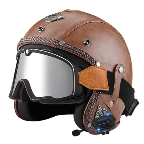 Bluetooth Offener Helm Jethelme Motorradhelm DOT/ECE-Zulassung Sommer Motorrad Halbhelm Sturzhelm Mit Brille Vintage Stil Halbschalenhelm Für Erwachsene Herren Damen 9,S:55-56CM von HaiBing