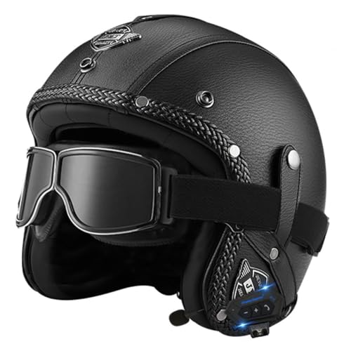 Bluetooth Retro PU Leder Jethelm Motorradhelm DOT/ECE Zertifizierung Scooter Helm Rollerhelm Herren Damen Mit Schutzbrille Offenem Halbschalenhelm Herausnehmbares Futter 1,S:55-56CM von HaiBing