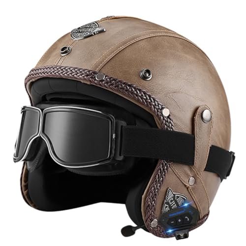 Halbschalenhelm 3/4 Jethelm Vintage Helm Mit Brille Bluetooth Motorradhelm Halbhelm Herren Damen DOT/ECE-Zertifizierter Rollerhelm Chopper Scooter Helm Sturzhelm 1,S:55-56CM von HaiBing