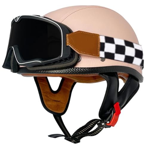 Halbschalenhelm Leder Jethelm Roller-Helm DOT/ECE-Zulassung Vintage Motorradhelm Brain-Cap Motorrad Halbhelme Mit Brille Offenem Helm Cruiser Scooter Helm Für Herren Damen 13,XXL:63-64CM von HaiBing