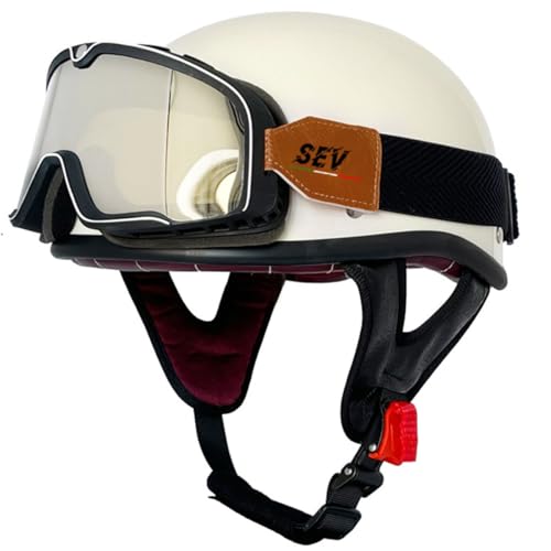 Halbschalenhelm Leder Jethelm Roller-Helm DOT/ECE-Zulassung Vintage Motorradhelm Brain-Cap Motorrad Halbhelme Mit Brille Offenem Helm Cruiser Scooter Helm Für Herren Damen 16,M:57-58CM von HaiBing