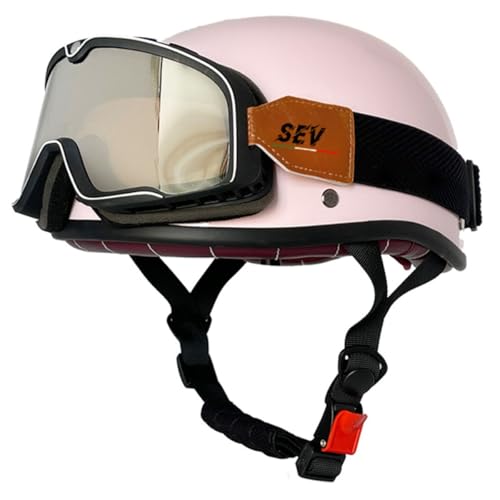 Halbschalenhelm Leder Jethelm Roller-Helm DOT/ECE-Zulassung Vintage Motorradhelm Brain-Cap Motorrad Halbhelme Mit Brille Offenem Helm Cruiser Scooter Helm Für Herren Damen 26,M:57-58CM von HaiBing