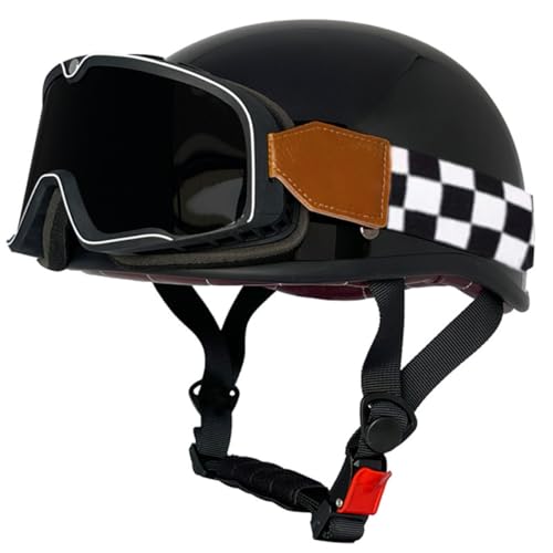 Halbschalenhelm Leder Jethelm Roller-Helm DOT/ECE-Zulassung Vintage Motorradhelm Brain-Cap Motorrad Halbhelme Mit Brille Offenem Helm Cruiser Scooter Helm Für Herren Damen 27,M:57-58CM von HaiBing