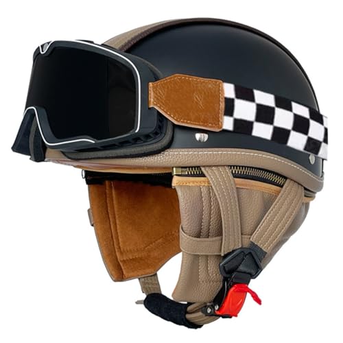 Halbschalenhelm Retro Motorrad Halbhelme Brain-Cap Mit ECE-Zulassung Motorradhelm Jethelme Mit Brille Roller-Helm Scooter-Helm Anti-Collision Helm ​Für Men Women 17,S:55-56CM von HaiBing