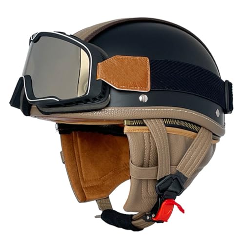 Halbschalenhelm Retro Motorrad Halbhelme Brain-Cap Mit ECE-Zulassung Motorradhelm Jethelme Mit Brille Roller-Helm Scooter-Helm Anti-Collision Helm ​Für Men Women 18,M:57-58CM von HaiBing