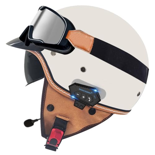 Jethelm Retro Halbschalenhelm Motorradhalbhelm Mit Schutzbrille 3/4 Bluetooth Offenem Helm RollerHelm Für Damen Herren DOT/ECE-Zertifizierung Für Cruiser Moped Scooter 19,M:57-58CM von HaiBing