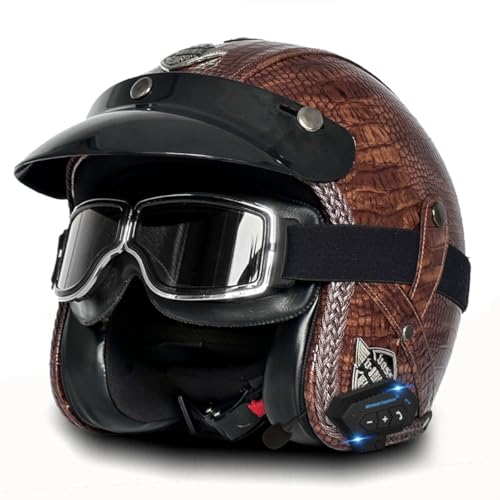 Jethelm Retro Leder Motorrad Halbhelme Motorradhelm Mit Schutzbrille Bluetooth 3/4 Halbschalenhelm Scooter-Helm Offenem Helm DOT/ECE-Zertifizierter Für Damen Und Herren 10,S:55-56CM von HaiBing