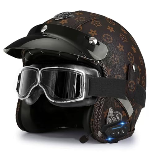 Jethelm Retro Leder Motorrad Halbhelme Motorradhelm Mit Schutzbrille Bluetooth 3/4 Halbschalenhelm Scooter-Helm Offenem Helm DOT/ECE-Zertifizierter Für Damen Und Herren 16,XXL:63-64CM von HaiBing