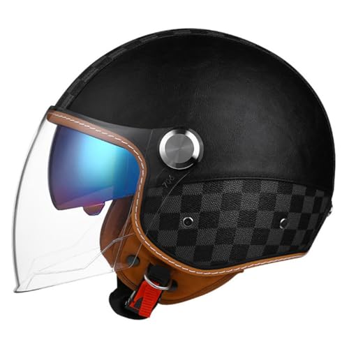 Leder Halbschalenhelm Retro Motorrad Halbhelm Mit Sonnenblende Brain-Cap Motorradhelm Jethelme Erwachsene Scooter-Helm DOT/ECE Zertifiziert Offener Helm Für Männer Und Frauen 2,XXL:63-64CM von HaiBing