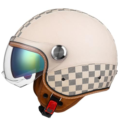 Leder Halbschalenhelm Retro Motorrad Halbhelm Mit Sonnenblende Brain-Cap Motorradhelm Jethelme Erwachsene Scooter-Helm DOT/ECE Zertifiziert Offener Helm Für Männer Und Frauen 5,L:59-60CM von HaiBing