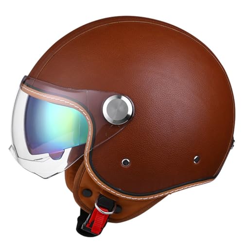 Leder Halbschalenhelm Retro Motorrad Halbhelm Mit Sonnenblende Brain-Cap Motorradhelm Jethelme Erwachsene Scooter-Helm DOT/ECE Zertifiziert Offener Helm Für Männer Und Frauen 9,XL:61-62CM von HaiBing