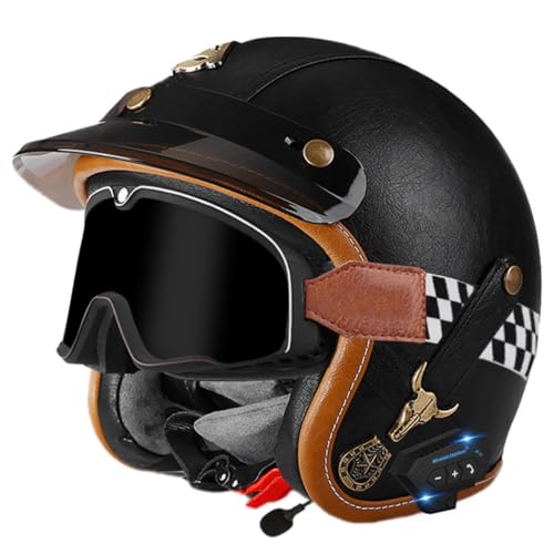 Leder Jethelm Retro Halbhelme Bluetooth Motorradhelm Unisex Vintage Rollerhelm Mopedhelm Chopper Helm Mit Schutzbrille DOT/ECE Zertifiziert Scooter-Helm Offenem Helm 11,M:57-58CM von HaiBing