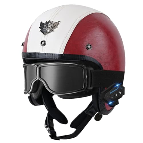 Leder Jethelm Vintage Motorradhelm Winter Winddichter Roller Helm DOT/ECE-Zulassung Motorrad Halbhelme Für Damen Und Herren Mit Schutzbrille Offenem Helm Scooter-Helm 12,M:57-58CM von HaiBing