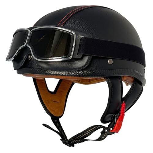 Motorradhelm Retro Halbhelm Helm DOT/ECE-Zulassung Vintage Stil Leder Jethelm Motorrad-Sturzhelm Mit Brille Offener Helm Cruiser Chopper Scooter Helm 8,XL:61-62CM von HaiBing