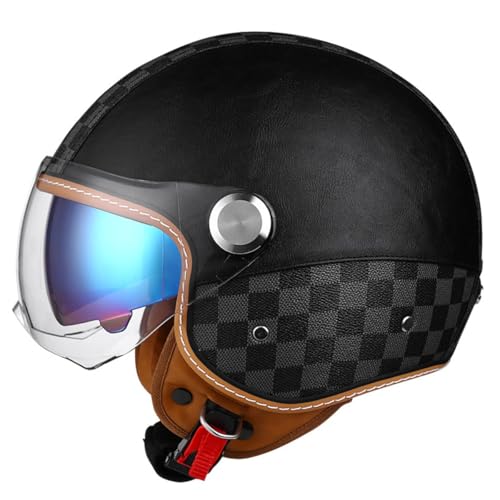 Retro Motorrad Halbhelme Motorradhelm Für Herren Und Damen DOT/ECE-Zertifizierung Leder Jethelm Halbschalenhelm Braincap Mit Sonnenblende Moped Scooter Offenem Helm 12,L:59-60CM von HaiBing