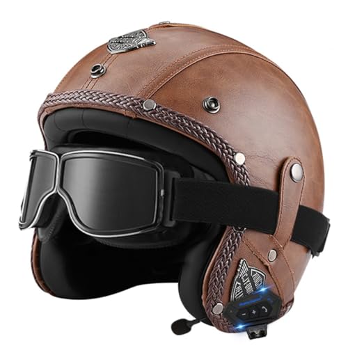 Retro Motorrad Helm Halbhelme 3/4 Bluetooth Jethelm DOT/ECE-Zertifizierter PU Leder Motorradhelm Mit Schutzbrille Halbschalenhelm Scooter Helm Für Erwachsene Herren Damen 5,L:59-60CM von HaiBing