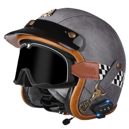 Retro Motorradhelm Halbhelme PU-Lederhelm Bluetooth Jethelme Rollerhelm Sturzhelm Mit Schutzbrille Unisex Vintage Offener Helm DOT/ECE Zertifiziert 7,XL:61-62CM von HaiBing