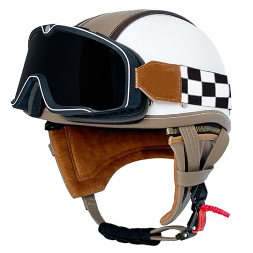 Retro Motorradhelm Jethelm Scooter-Helm Mit Brille Roller-Helm Brain Cap Retro Motorrad Halbhelm Für Frauen Und Herren ECE/DOT Zulassung Im Edlen Vintage-Look 15,XL:61-62CM von HaiBing