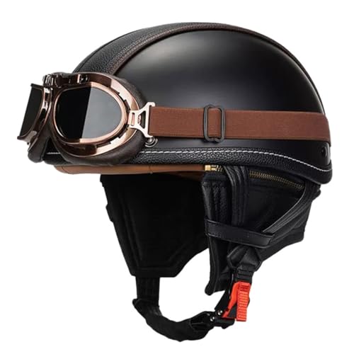 Retro Motorradhelm Jethelm Scooter-Helm Mit Brille Roller-Helm Brain Cap Retro Motorrad Halbhelm Für Frauen Und Herren ECE/DOT Zulassung Im Edlen Vintage-Look 18,L:59-60CM von HaiBing