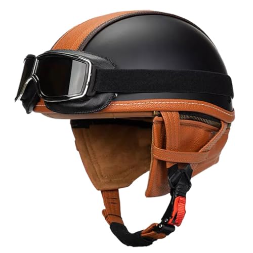 Retro Motorradhelm Jethelm Scooter-Helm Mit Brille Roller-Helm Brain Cap Retro Motorrad Halbhelm Für Frauen Und Herren ECE/DOT Zulassung Im Edlen Vintage-Look 2,XL:61-62CM von HaiBing