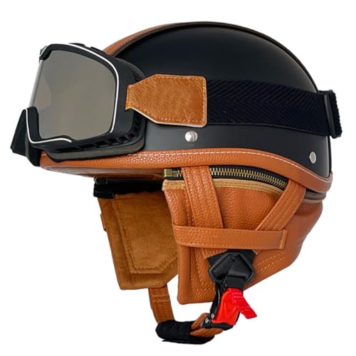 Retro Motorradhelm Jethelm Scooter-Helm Mit Brille Roller-Helm Brain Cap Retro Motorrad Halbhelm Für Frauen Und Herren ECE/DOT Zulassung Im Edlen Vintage-Look 4,XXL:63-64CM von HaiBing