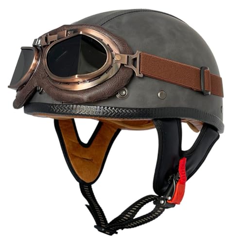 Retro Motorradhelm Lederhelm Jethelme Rollerhelm DOT/ECE-Zulassung Halbschalenhelm Deutschen Stil Motorrad Halbhelm Mit Brille Offenem Helm Mopedhelm Scooter-Helm 12,L:59-60CM von HaiBing