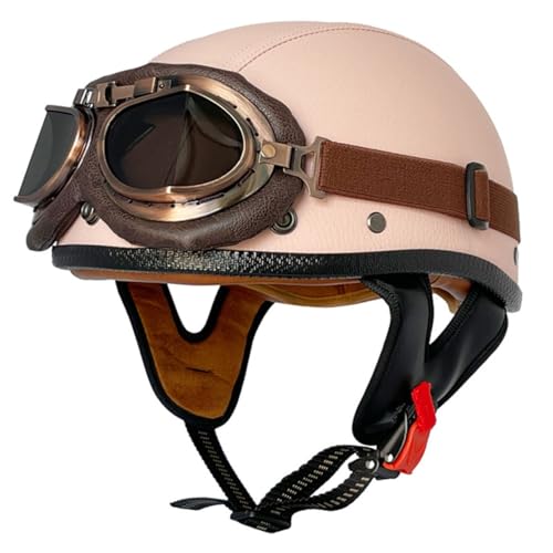 Retro Motorradhelm Lederhelm Jethelme Rollerhelm DOT/ECE-Zulassung Halbschalenhelm Deutschen Stil Motorrad Halbhelm Mit Brille Offenem Helm Mopedhelm Scooter-Helm 14,M:57-58CM von HaiBing