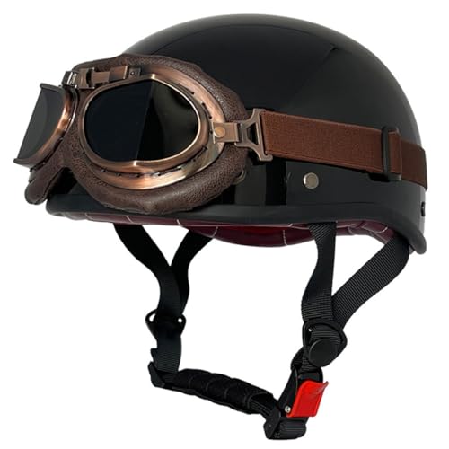 Retro Motorradhelm Lederhelm Jethelme Rollerhelm DOT/ECE-Zulassung Halbschalenhelm Deutschen Stil Motorrad Halbhelm Mit Brille Offenem Helm Mopedhelm Scooter-Helm 15,XXL:63-64CM von HaiBing