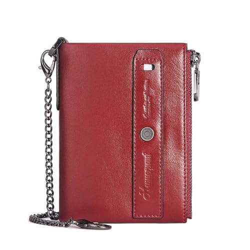 HalfPart Geldbörse Herren RFID Schutz Echtem Leder Geldbeutel Vertikale mit Kette, Slim Wallet Portmonee Klein Geldbeutel Vintage Leder Portemonnaies mit 8 Kartenfächern Geldbeutel,Red von HalfPart