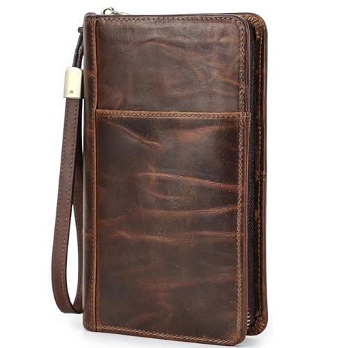 HalfPart Reise-Clutch aus echtem Leder für Herren mit Handschlaufe,RFID Reisepass-Geldbörse mit Reißverschluss,Passport Tasche für Kreditkarten, Ausweis und Reisedokumente,Brown von HalfPart