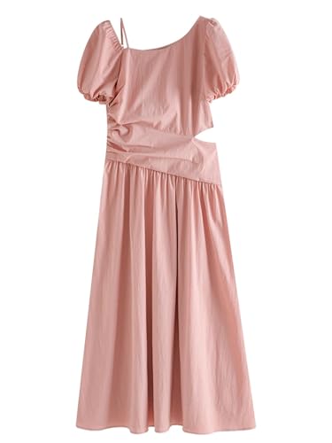 Rock Damen Langer Taille Skirt Linie Falten Kleid Mit Schrägen Schultern Und Hohler Taille Für Damen, Wickelkleid Für Damen, Größe S, Rosa von Hameadner