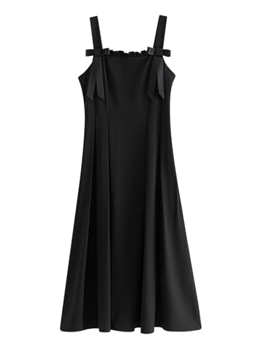 Rock Damen Langer Taille Skirt Linie Falten Langes Kleid Mit Schleife, A-Linie, Polyester, Kleid Für Bürodamen, Lange Kleider, XL, Schwarz von Hameadner