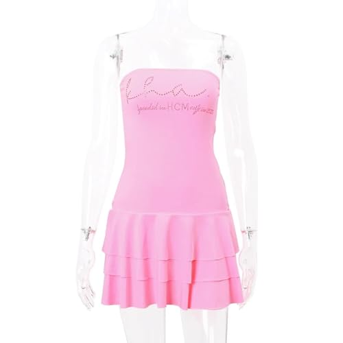 Rock Damen Langer Taille Skirt Linie Falten Rosa Ärmelloses Kleid Mit Schlitzausschnitt, Schmales Stufen-Minikleid L Rosa von Hameadner