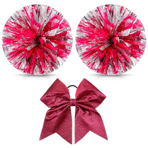 Hanaive Cheerleader-Pompons und große Cheerleader-Haarschleife, metallische Cheerleader-Pompons für Teenager-Tanz (Silber, Rosa, Rot, Glitzer) von Hanaive