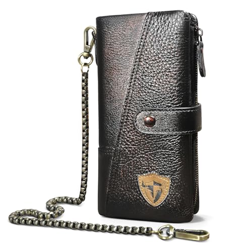 Handadsume Echtleder Crazy Horse Leder Reisen Geschenk Münztasche Kartenetui Lang Organizer Brieftasche Kette Rfid Geldbörse mit Snap für Männer männlich 1803 (1803 Dunkler Kaffee 2) von Handadsume