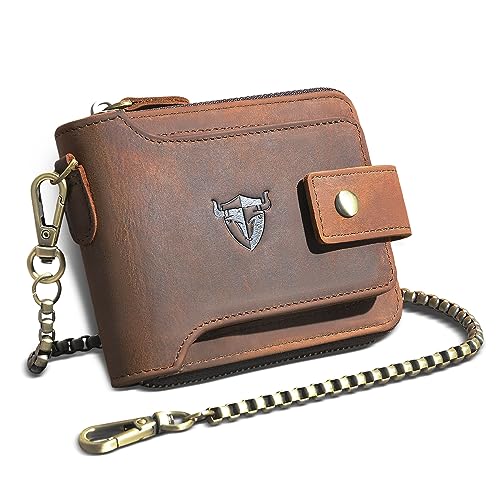 Handadsume Echtleder Crazy Horse Leder Reisen Geschenk Münztasche Kartenetui Lang Organizer Brieftasche Kette RFID Geldbörse mit Snap für Männer männlich 1803 (W-1805- Braun) von Handadsume