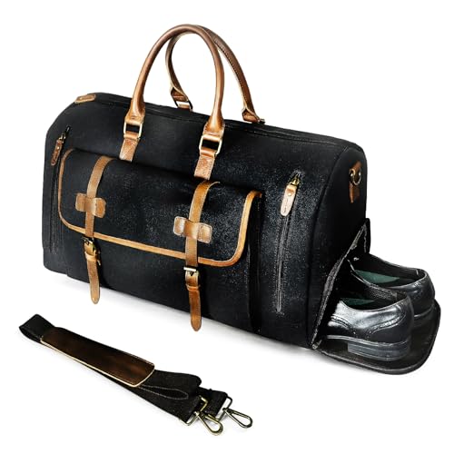 Wasserabweisend Canvas Crazy Horse Leder Reisetasche 35L Trim Unisex Handgepäck Weekender Tasche Sporttasche für Reise Wochenende Urlaub FB8151 (X-8152-Schwarz) von Handadsume