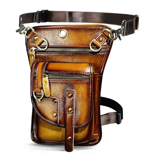 Herren Canvas + Leder Motorrad Reiten Tasche Beinbeutel Beintasche Außenbeintasche Hüfttasche Drop Leg Tasche 2141 (100% Echtleder-Hellbraun) von Handadsume