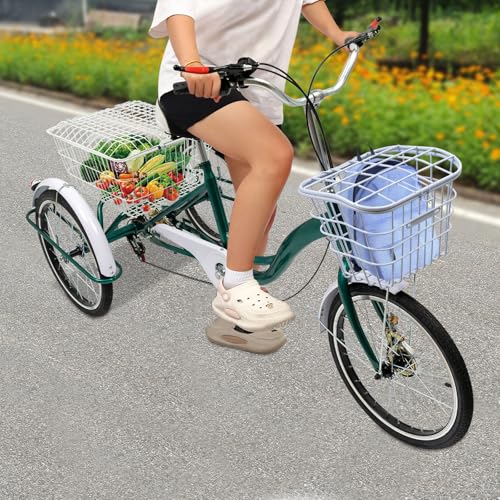 High Carbon Steel Tricycle, Pedal Adult Mobility Bike Pedal Bike, Lightweight Adult Tricycle Mit GemüSe Korb Hinten Korb, 6 Speed Tricycle 20 Zoll RäDer Vorne Und Hinten Trommelbremsen (Grün) von Hanmorfarbi