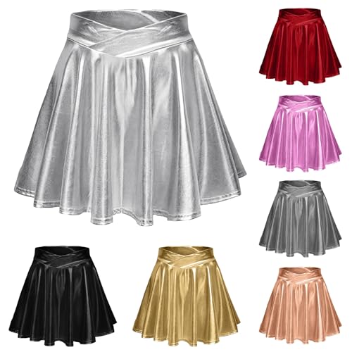 Hanraz goldenes Oberteil Damen, Angebote, Metallic Rock Damen Disco Sexy Lack Lederrock Faltenrock Hohe Taille Swing Elastische Glitzerrock Minirock für Karneval Faschingskostüme von Hanraz