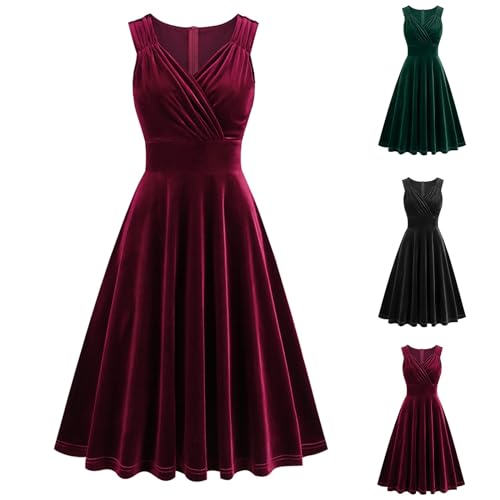 Hanraz Kleider Damen festlich, Sale Angebote, Partykleid Damen Elegant Glitzer Rotes Abendkleider Abendkleid Vintage V-Ausschnitt Swing A-Line Wickelkleid Weihnachtskleid von Hanraz