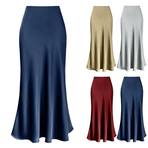 Hanraz Strickkleid Damen Winter lang, Warehouse Deal, Satin Rock Marine, Satin Rock Damen - Lang Elegant Business Bleistiftrock Midirock Curvy Bodycon Freizeit Satinrock Skirt Einfarbig Sommerrock von Hanraz