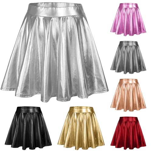 Hanraz Rock pink, dmax Shop, Metallic Rock Damen Disco Sexy Lack Lederrock Faltenrock Hohe Taille Swing Elastische Glitzerrock Minirock für Karneval Faschingskostüme von Hanraz