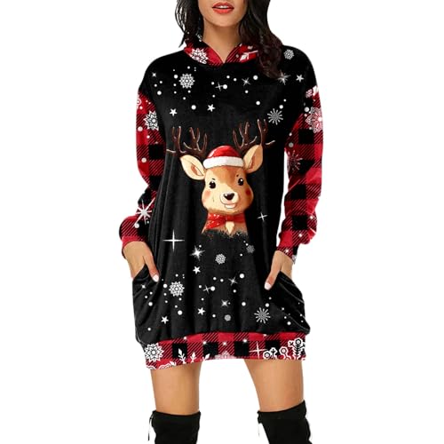 Weihnachtskleid Damen, Weihnachtskleid Damen Langarm Oversize Lustig Weihnachtskleidung Weihnachtskostüm Mit Druck Lang Weihnachtskleider Festlich Rundhals Hoodie Kleid Weihnachtsoutfit von Hanraz