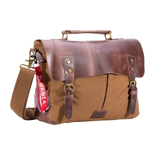 Hanta Nature Messenger Bag, Umhängetasche aus Leder und Canvas, Kuriertasche für den Alltag oder Reisen, Vintage Laptoptasche für Damen und Herren - Braun Hanta Nature Messenger Bag, Umhängetasche aus Leder und Canvas, Kuriertasche für den Alltag oder Reisen, Vintage Laptoptasche für Damen und Herren - Braun von Hanta