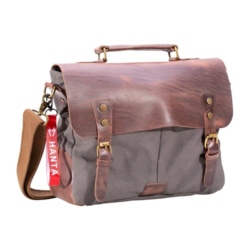 Hanta Nature Messenger Bag, Umhängetasche aus Leder und Canvas, Kuriertasche für den Alltag oder Reisen, Vintage Laptoptasche für Damen und Herren - Grau Hanta Nature Messenger Bag, Umhängetasche aus Leder und Canvas, Kuriertasche für den Alltag oder Reisen, Vintage Laptoptasche für Damen und Herren - Grau von Hanta