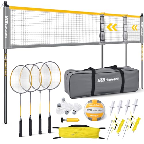 Haokelball Outdoor Volleyball und Badminton Combo Set mit Netz Breite und Höhenverstellbar Volleyball Badminton Netz für Hinterhof, 4 Schläger, 4 Federbälle, Begrenzung, Volleyball, Pumpe und Haokelball Outdoor Volleyball und Badminton Combo Set mit Netz Breite und Höhenverstellbar Volleyball Badminton Netz für Hinterhof, 4 Schläger, 4 Federbälle, Begrenzung, Volleyball, Pumpe und von Haokelball