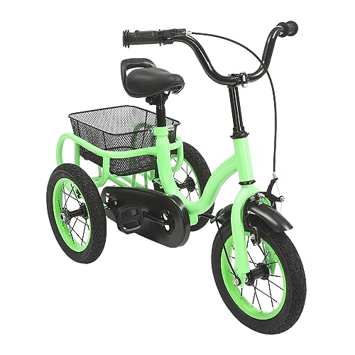 HarBin-Star 12 Zoll Dreirad für Kinder, Einfacher Geschwindigkeit Dreiräder für 2-5 Jahre alt Jungen & Mädchen, 3 Räder Kinderfahrrad mit Korb und Kettenabdeckung (Hellgrün) von HarBin-Star