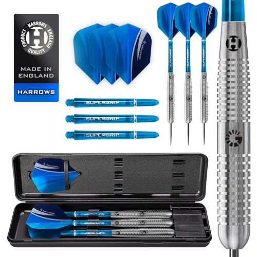 Harrows Genesis Darts-Set mit Wolframstahlspitze, 21 g, 22 g, 23 g, 24 g, 25 g und 26 g – inklusive High Traction Grip Supergrift, Shart Marathon Flights und Reiseetui (24g) von Harrows