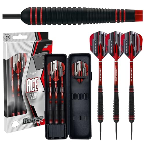 Ace Rubber Black Dartpfeile | Steeldarts-Set mit Tragetasche | 20g, 22g, 24g & 26g | Enthält Supergrip-Schäfte und 100-Mikron-Marathon-Flights (22g) von Harrows